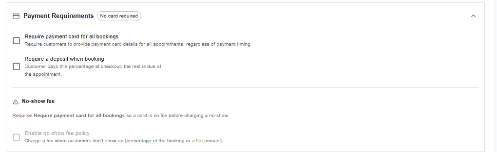 Payment requirements settings